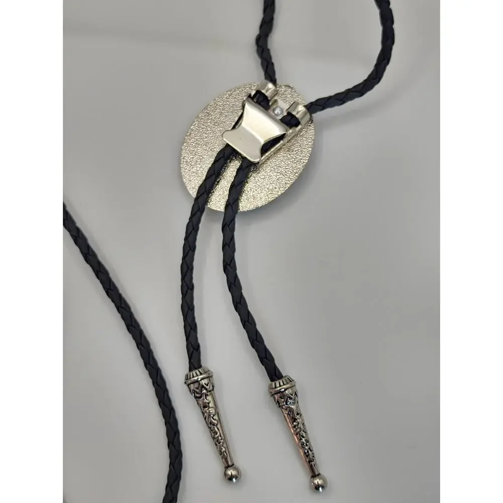 Western Bolo Tie Silver Tone Pendant Faux Turquoise Color Stones & Black Cord